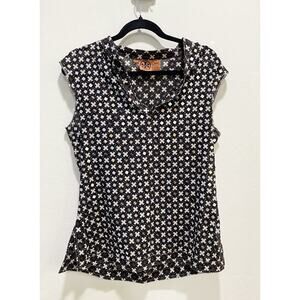 Tory Burch Blouse Womens 10 Brown Black Embellished Cap Sleeve Top Read